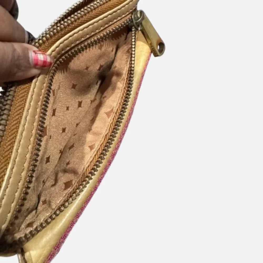 🗝Fossil Explorer Tan Leather Front Colored Stitch Accent Clutch Wallet YKK Zips